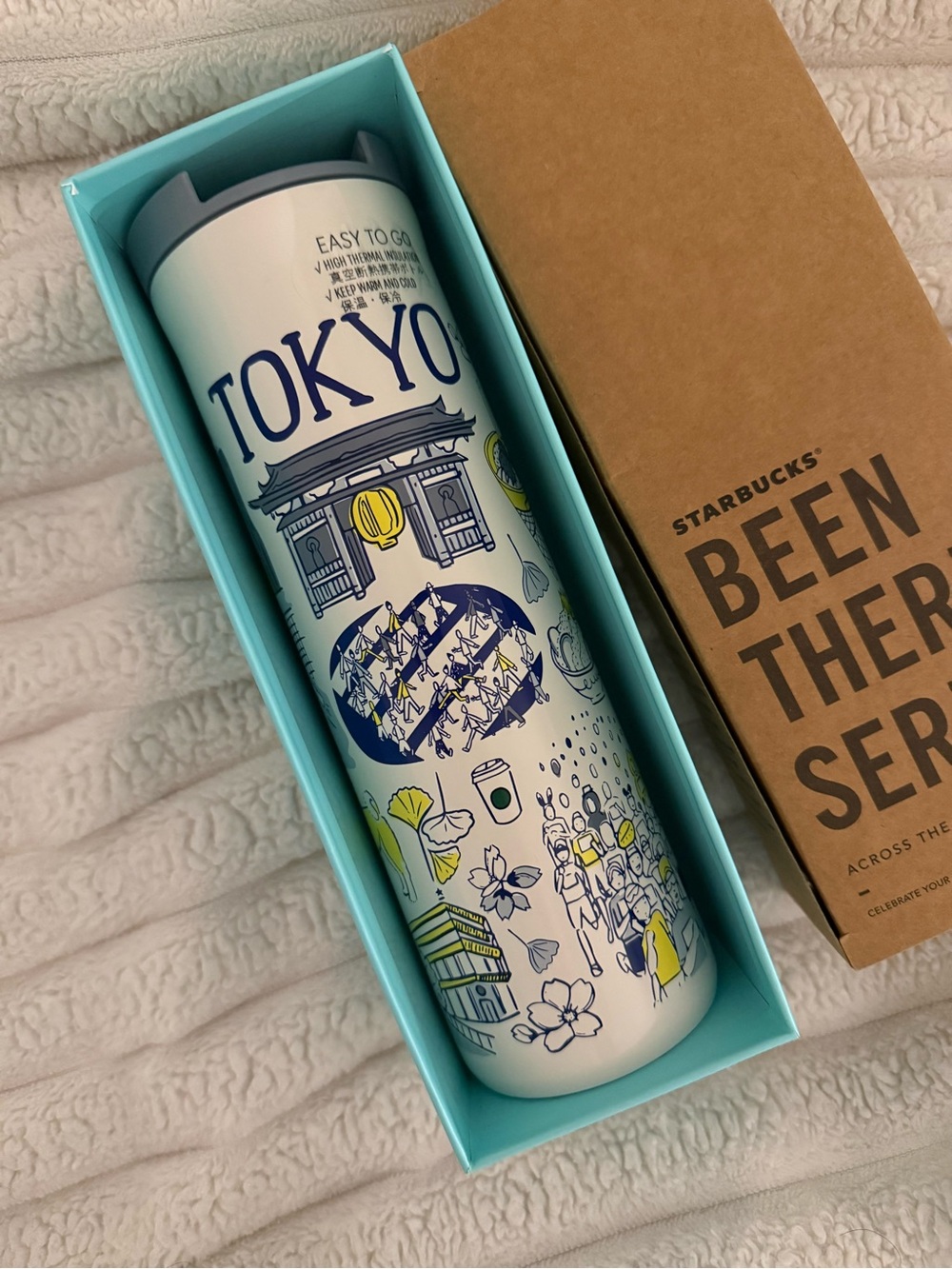 Starbucks Tokyo White Travel Tumbler with Blue & Yellow Accents
